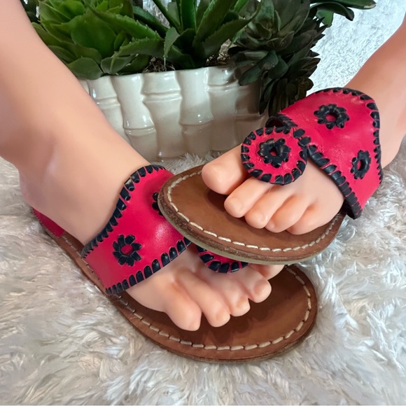 Jack Rogers sandals thongs flip flops Lisa 8.5 leather bright hot pink navy blue - Picture 2 of 15